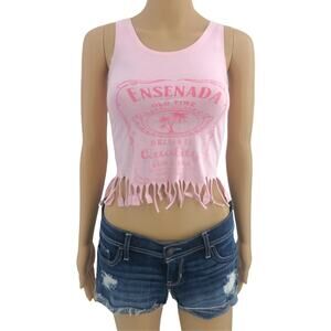 Ensenada XS Pink Fringe Worn In Sleeveless Scoop Neck Crop Top Tank